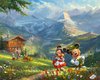 Disney Dreams in the Alps, Disney Figuren in den Alpen, Digitaldruck von David Textiles